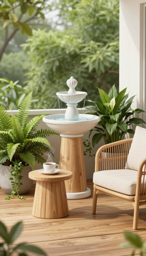 A serene corner patio featuring a small ceramic water fountain surrounded by lush potted plants, with a comfortable chair nearby for relaxation.