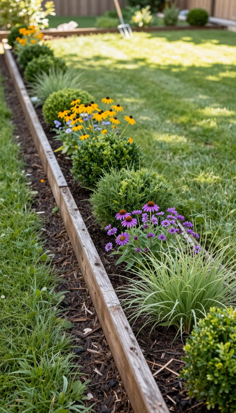 Low-maintenance plant border with shrubs, ornamental grasses, and perennials along a wooden backyard fence