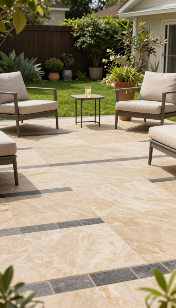 A paver patio with a contrasting charcoal border framing warm beige pavers, surrounded by greenery and outdoor furniture.