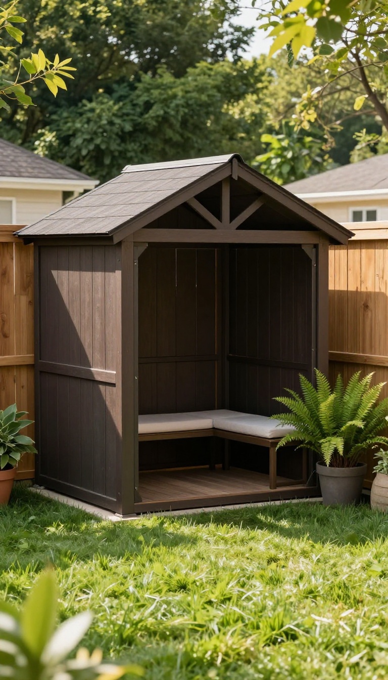 Small square corner gazebo nestled into the angle of two backyard fences with a bench and potted plants inside