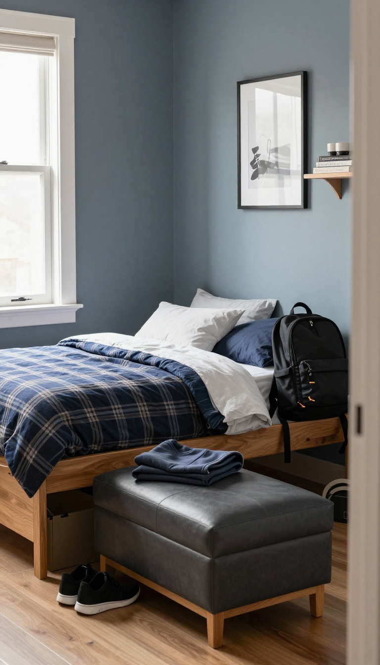 Dark gray storage ottoman bench at the foot of a bed in a small teen boy's bedroom, holding a backpack and hoodie in bright natural light