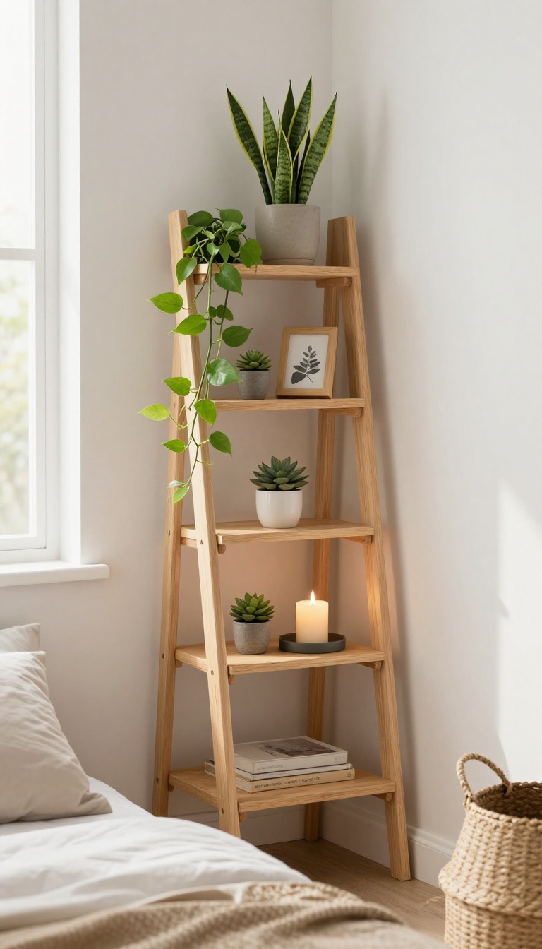 Small bedroom corner with a light wood tiered corner shelf styled with trailing plants, succulents, and a lit candle in bright natural light