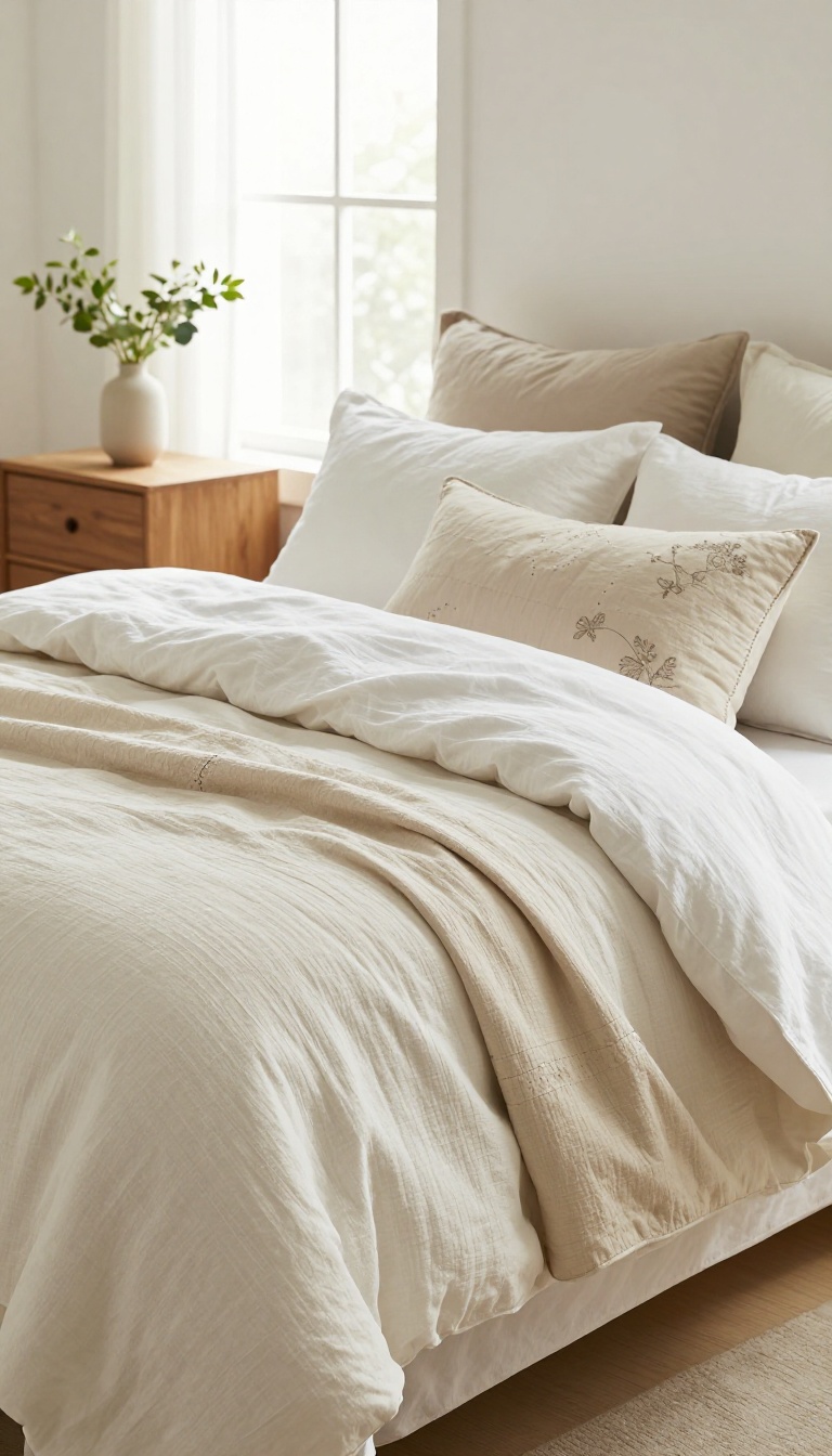 Elegant bedroom with a soft white linen duvet, a folded oatmeal quilt at the foot of the bed, and layered neutral pillows in bright natural light