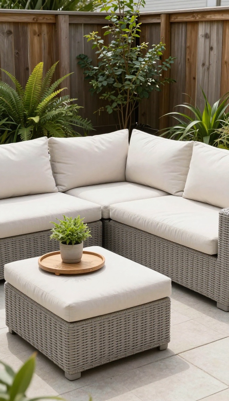 Small backyard corner with a modular sectional sofa arranged in an L-shape, side table, and potted plant in bright natural light
