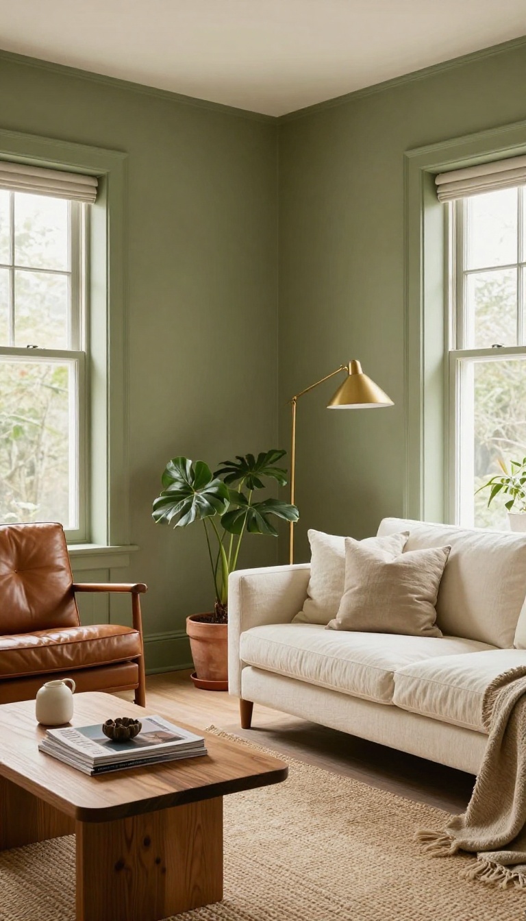 Living room with muted olive green walls, cognac leather armchair, brass floor lamp, warm wood furniture, and soft natural light