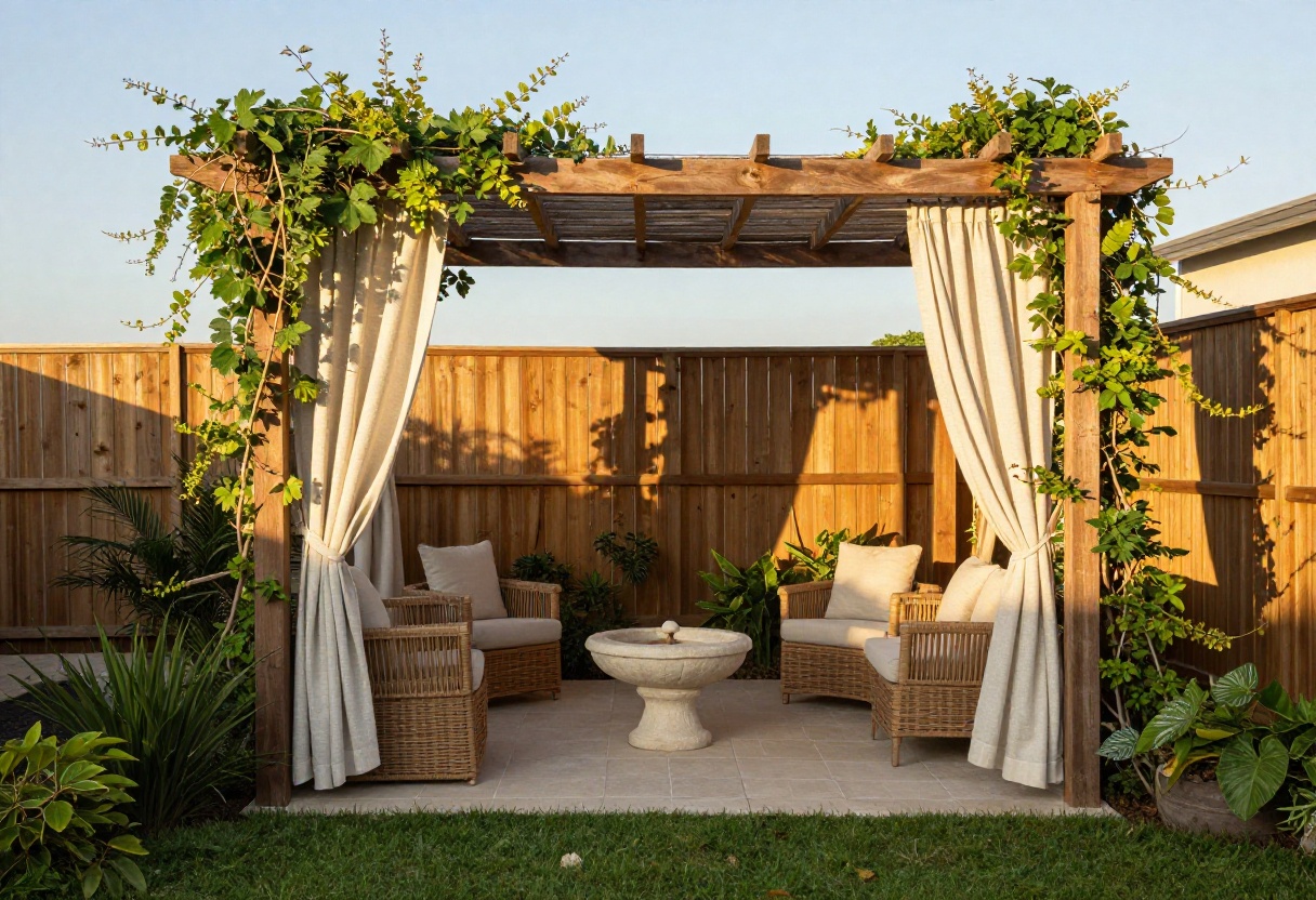 A private backyard patio with a pergola, climbing vines, and a water feature, surrounded by lush plants and a slatted fence.