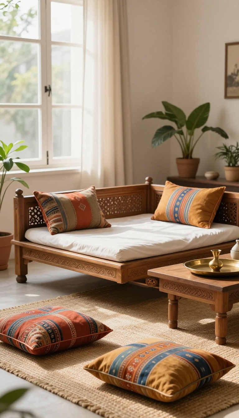Bright Indian living room with low wooden diwan seating and colorful floor cushions by a sunlit window