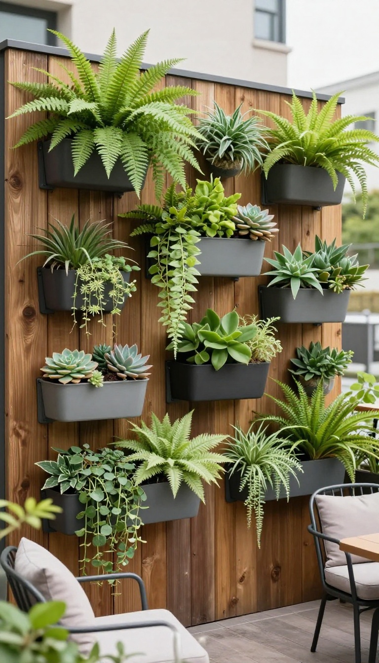Vertical garden wall on a small patio with lush plants