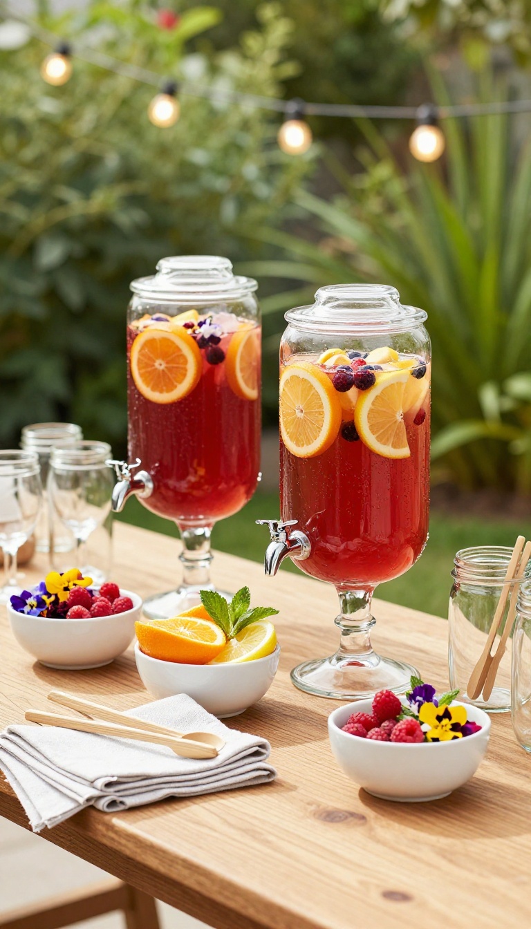 Stylish backyard self-serve sangria and cocktail station with glass dispensers, fresh fruit garnishes, and glassware on a wooden table in bright natural light
