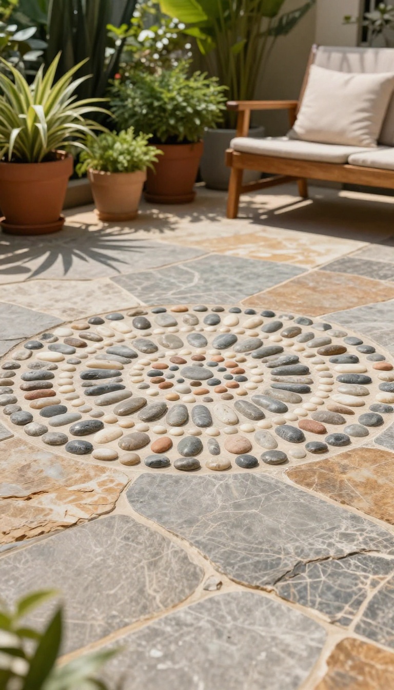 Stone patio with a circular pebble mosaic inset in the center, surrounded by potted plants and a lounge chair