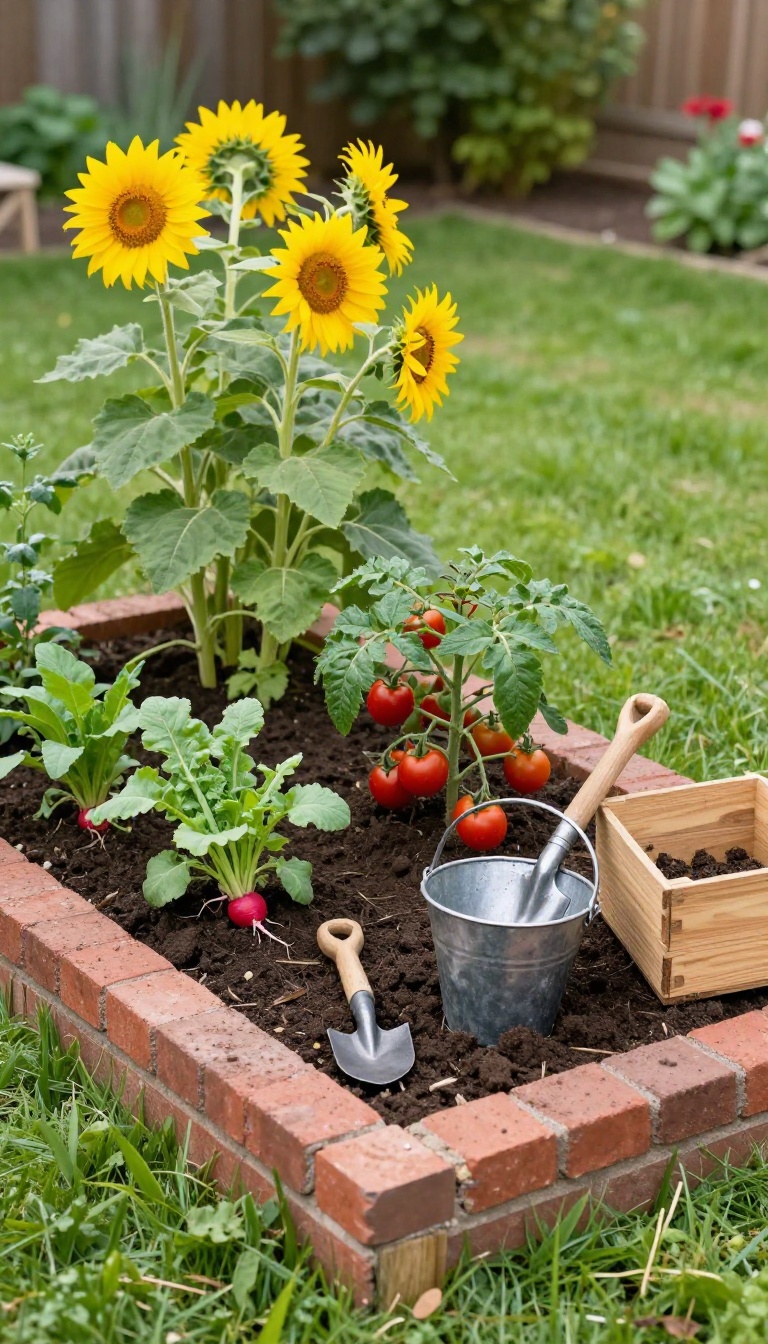 Small kids' garden patch with brick edging, sunflowers, cherry tomatoes, and child-sized tools in a sunny backyard