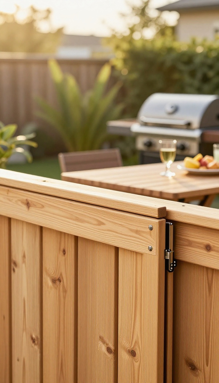 Wall-mounted fold-away serving table attached to a backyard fence, set up for outdoor entertaining with drinks and plates