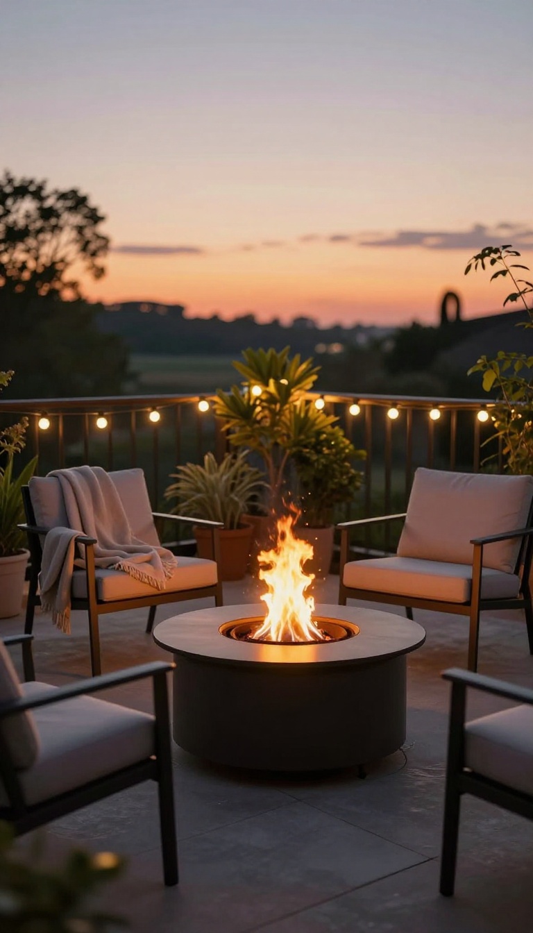 Small patio with a tabletop fire pit and cozy seating at dusk