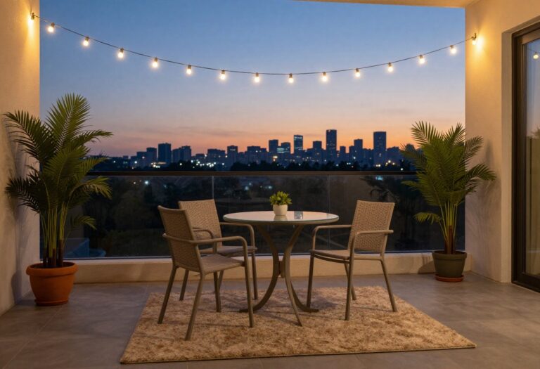 Cozy apartment patio with string lights, bistro table, and plants