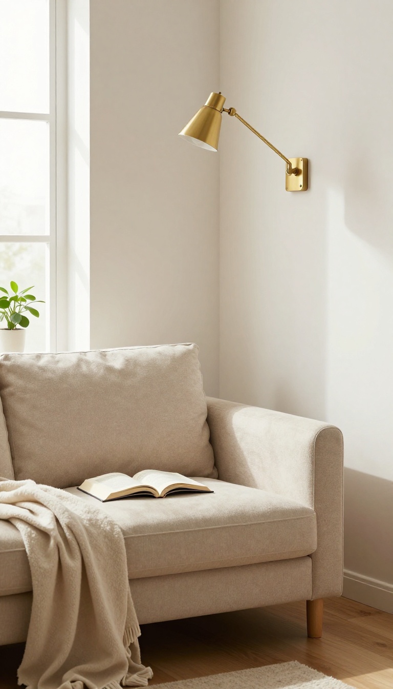 Cozy small living room reading nook with a swing-arm wall sconce mounted above a comfortable armchair
