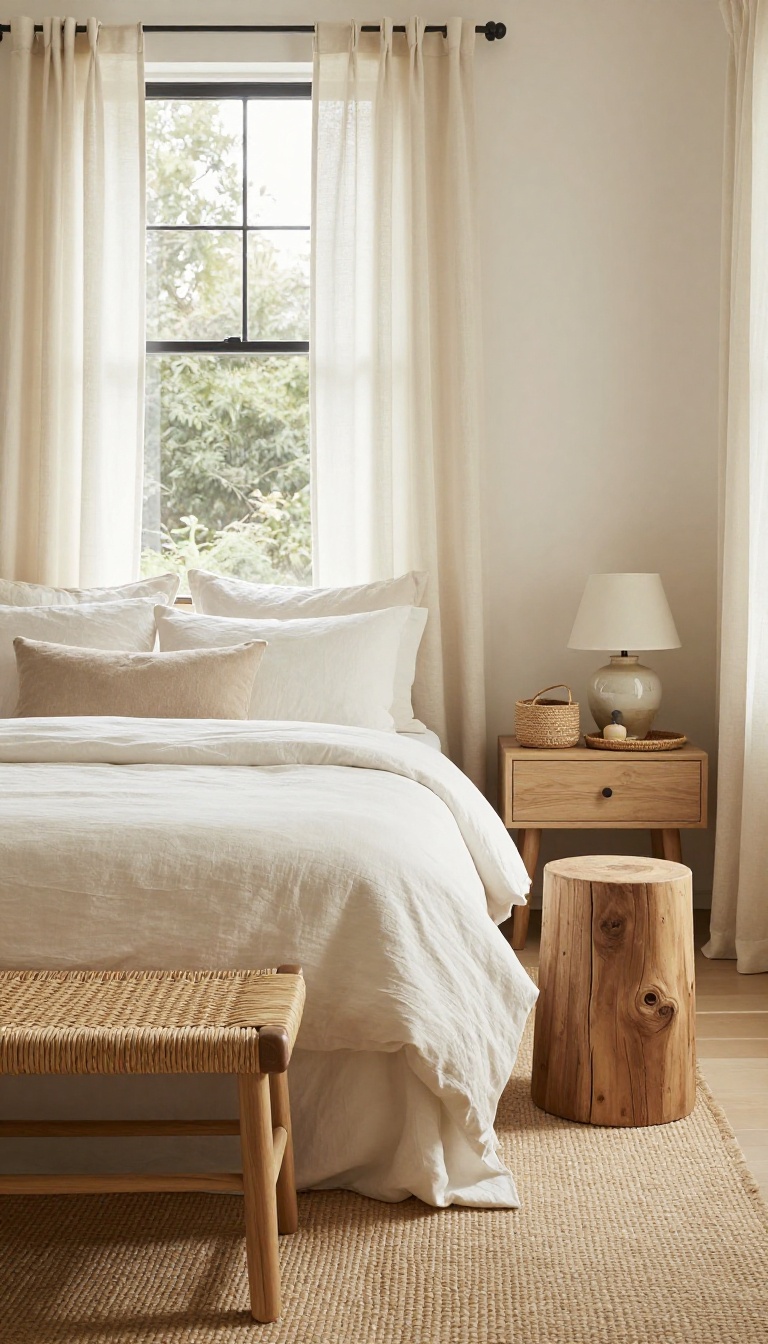 Elegant relaxed bedroom with a linen-dressed bed, jute rug, rattan bench, and woven baskets adding natural texture