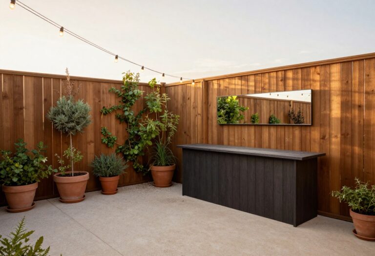 Small backyard with vertical garden, string lights, and fold-down bar, designed to feel spacious.