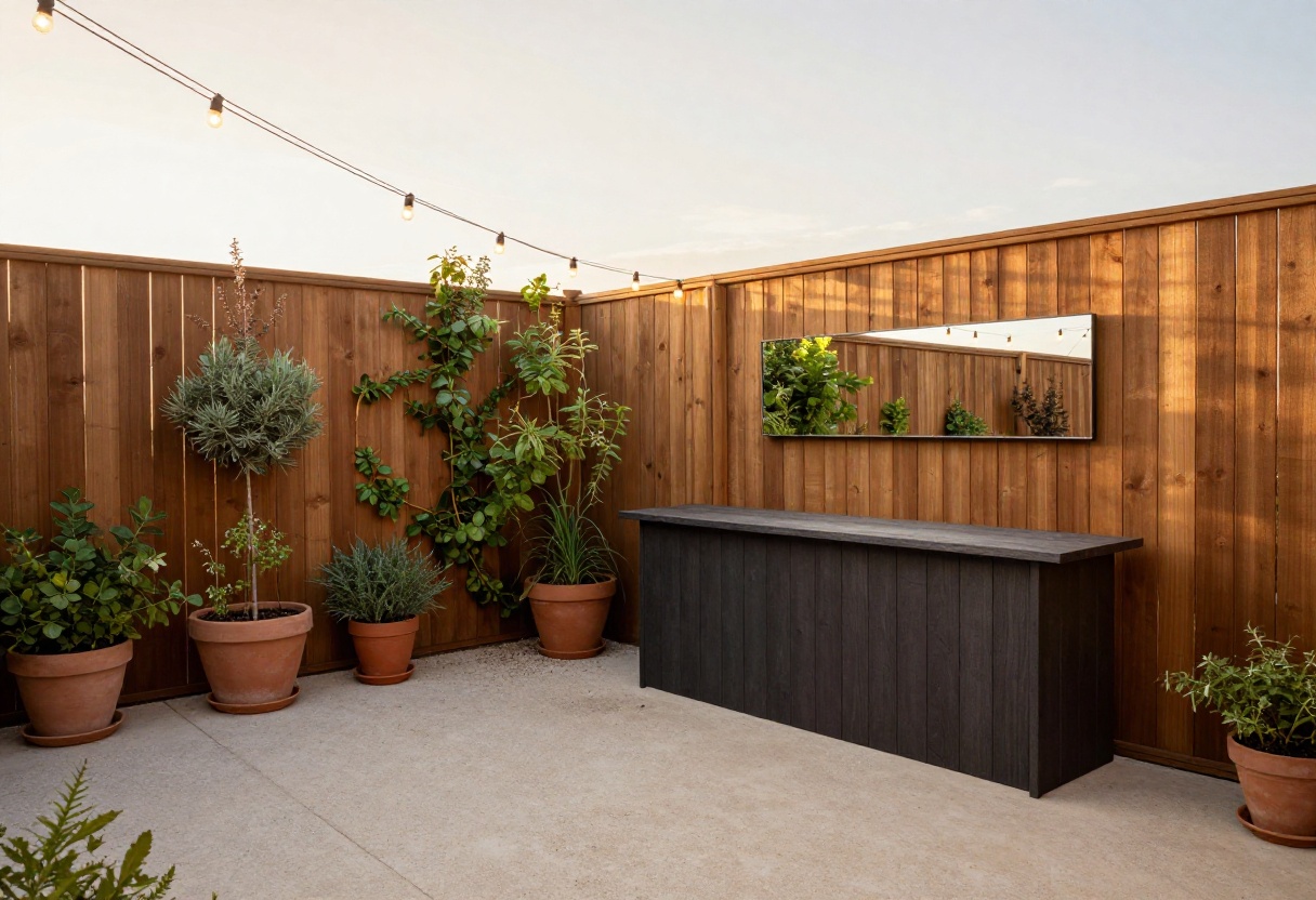 Small backyard with vertical garden, string lights, and fold-down bar, designed to feel spacious.
