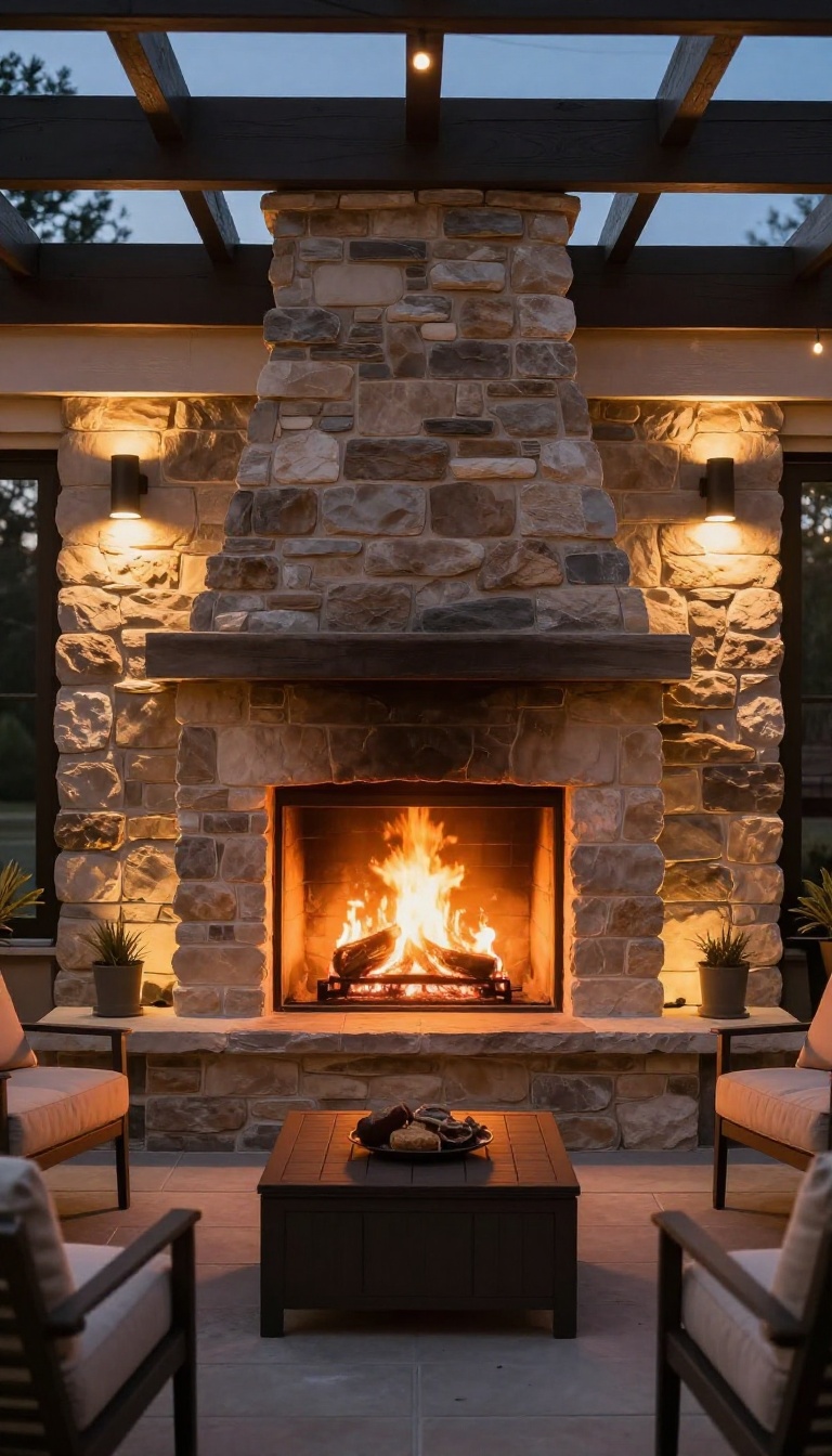 Covered patio with stone fireplace, accent wall, and layered lighting at dusk