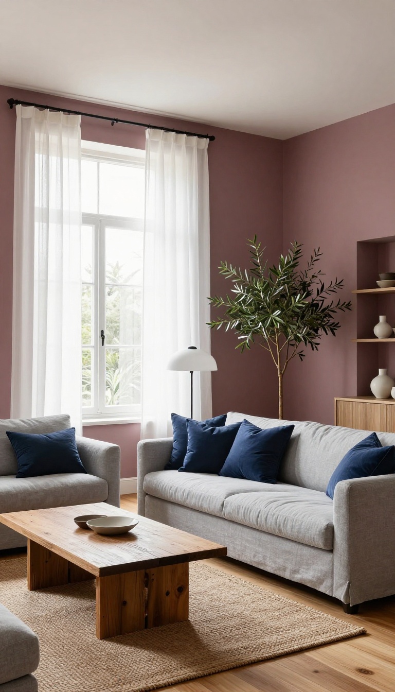 Living room with dusty rose painted walls, gray sofa, navy pillows, and bright natural light