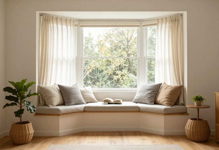 Cozy living room bay window with a cushioned window seat, throw pillows, and sheer curtains letting in natural light.
