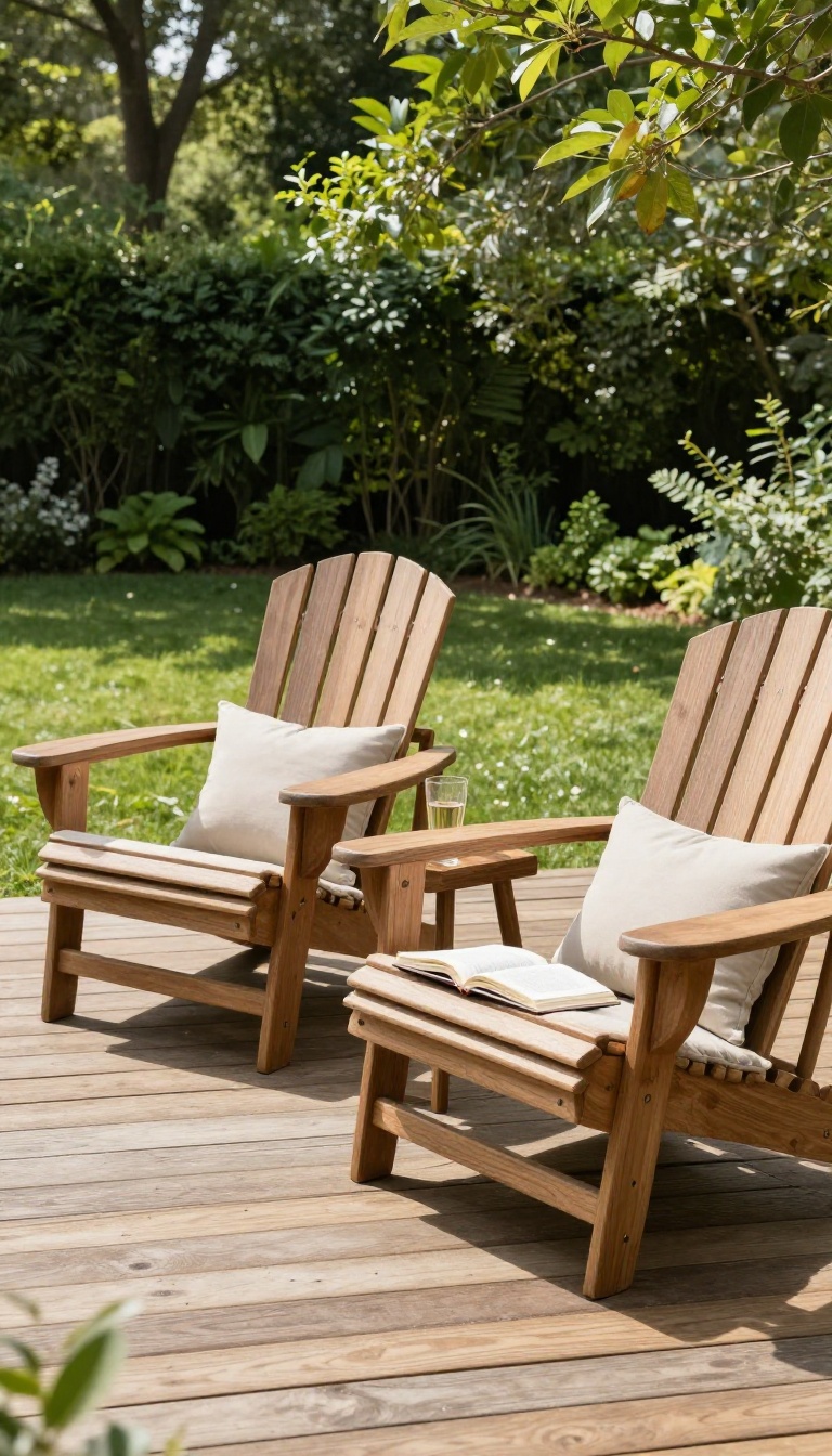 Two wooden Adirondack chairs with ottomans on a sunny patio, surrounded by greenery, inviting relaxation.