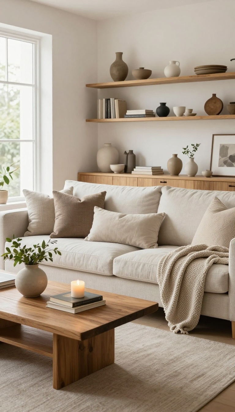 Bright living room finished with layered throw pillows, a soft blanket, a vase, books, and a candle on a coffee table