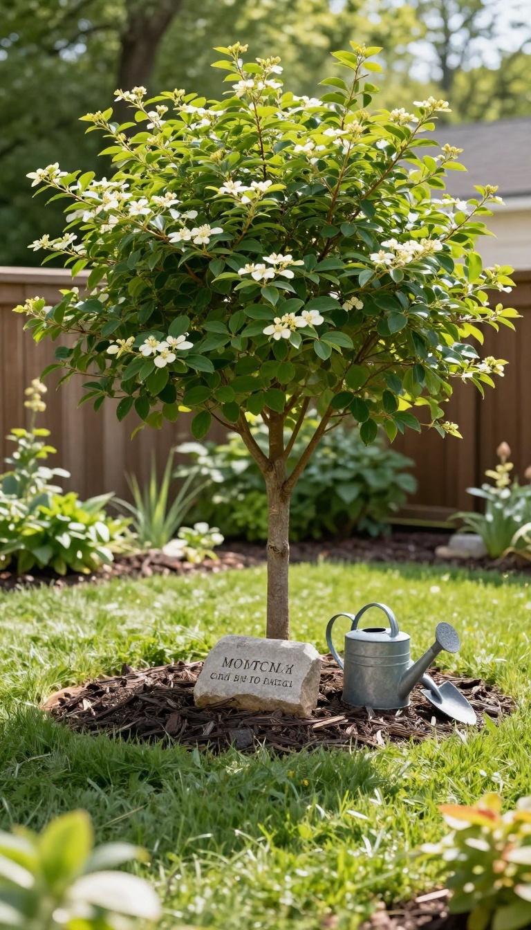 Young flowering dogwood tree planted in a mulched garden bed with a small blank stone marker at its base in a sunlit backyard