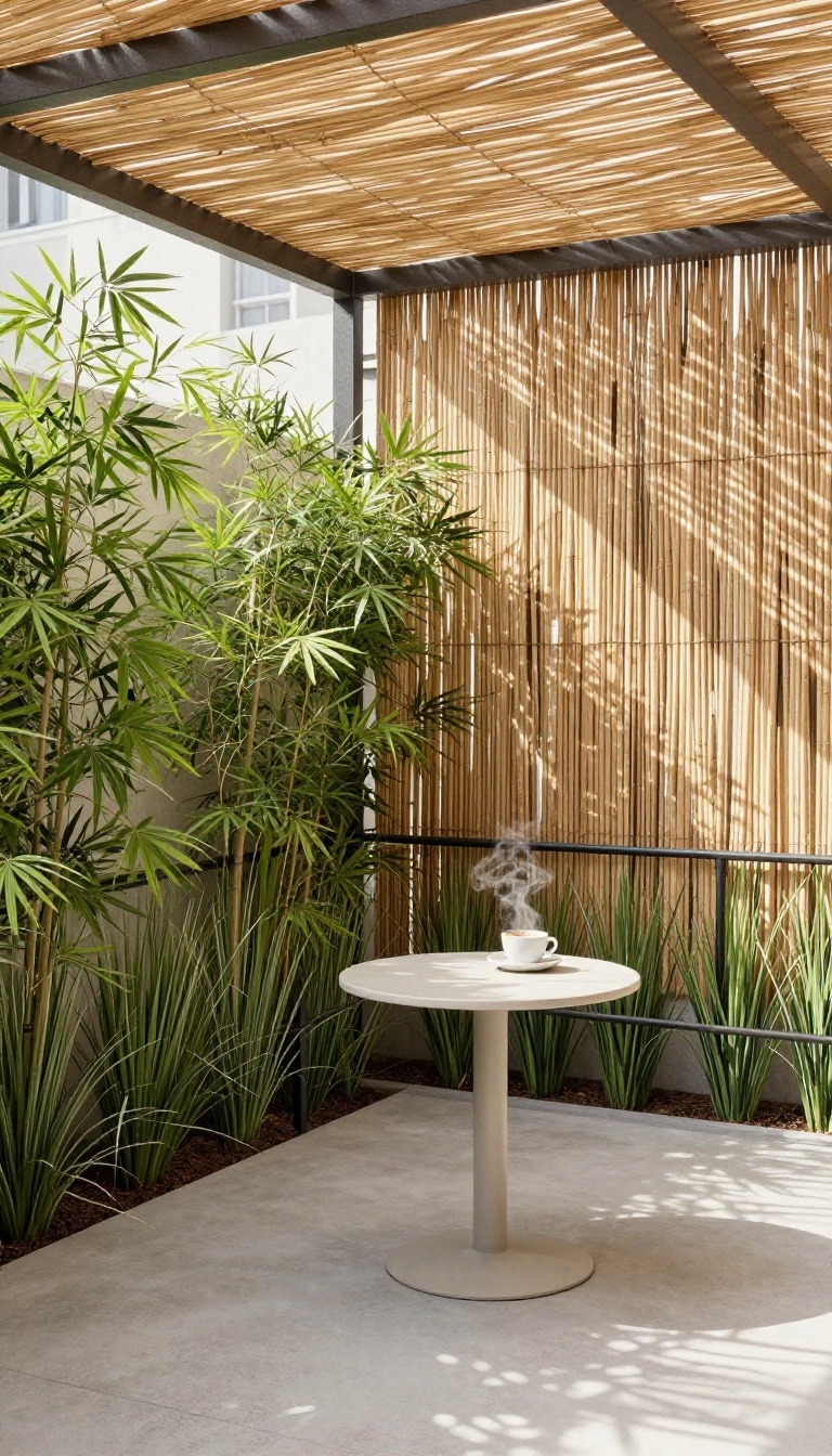 Apartment patio with bamboo privacy screen and potted plants for a private, cozy feel