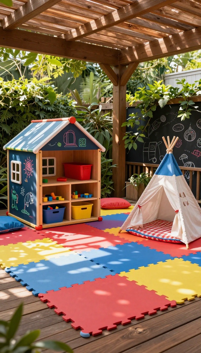 Kids' play zone under a deck with foam tiles, playhouse, chalkboard, and toy storage in a bright backyard