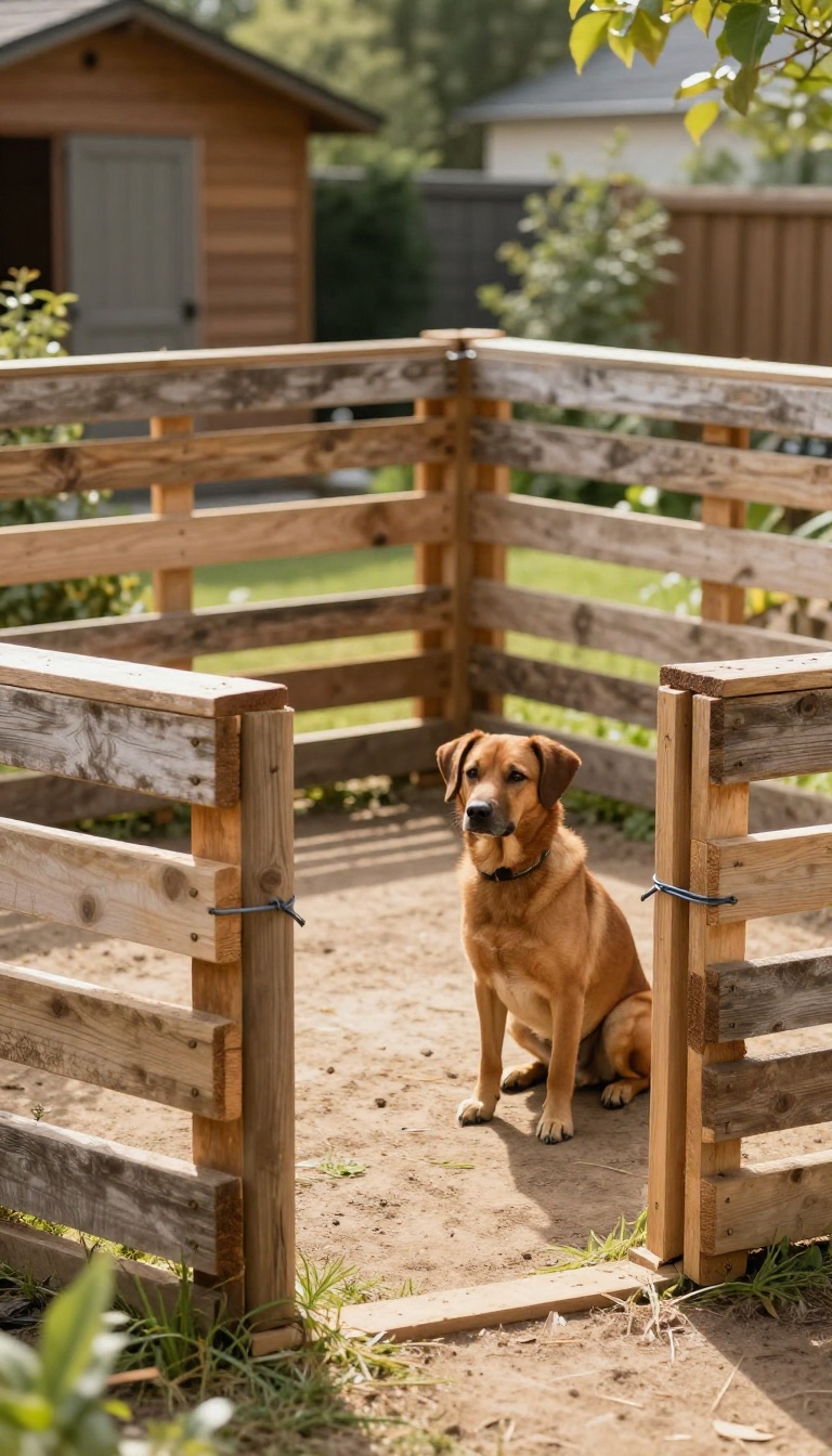 Rustic DIY dog run made from upcycled wooden pallets in a sunny backyard with a dog standing inside
