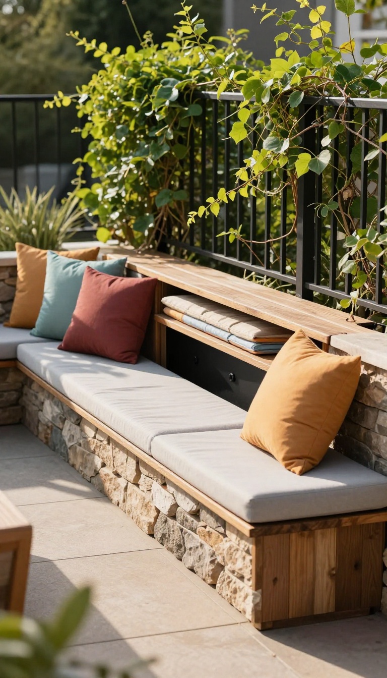 Built-in wooden patio bench with storage and gray cushions along a garden wall in bright natural light