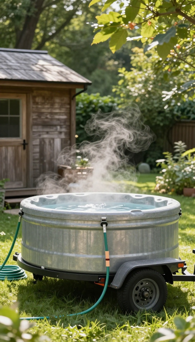 Small hot tub mounted on a utility trailer in a sunny backyard, showing a flexible mobile setup for small-space soaking