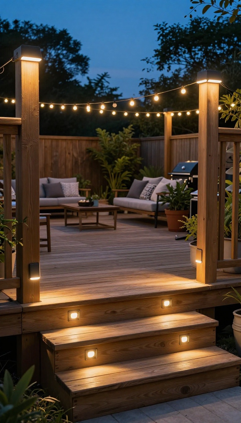 Backyard deck at dusk with layered warm lighting from post cap lights, step lights, and string lights creating a cozy outdoor living space