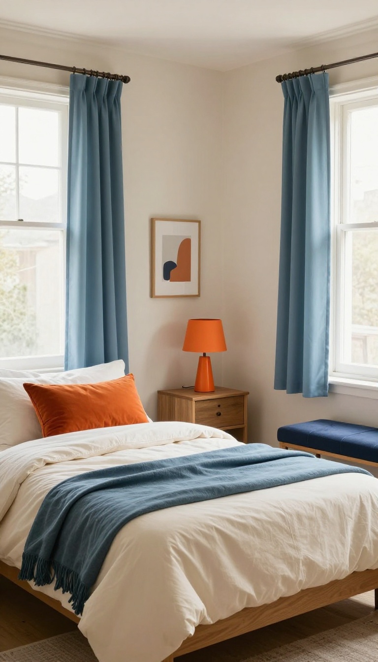 Small couple's bedroom styled with a shared cream, dusty blue, and burnt orange color palette, featuring coordinated bedding, curtains, and wall art in bright natural light.