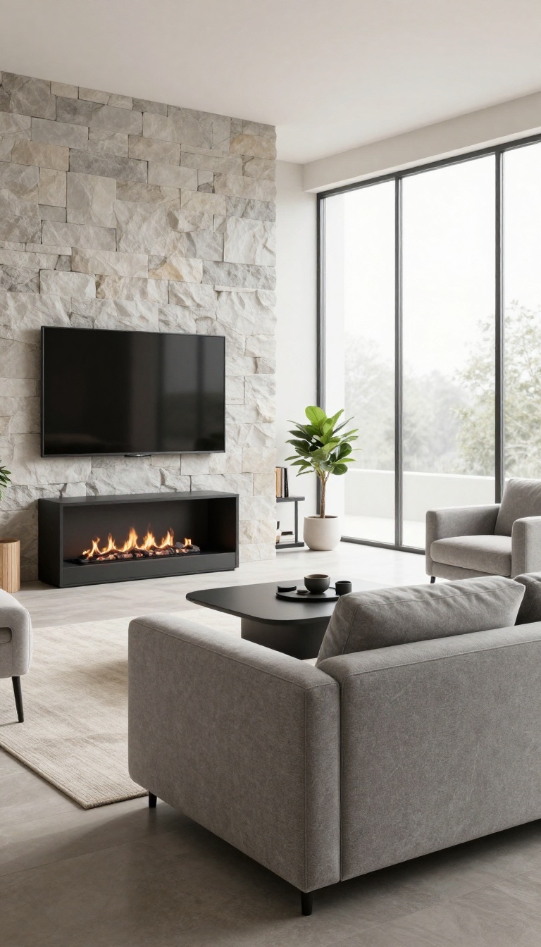 Modern living room with a fireplace as the focal point, seating arranged to face it, and minimal decor.