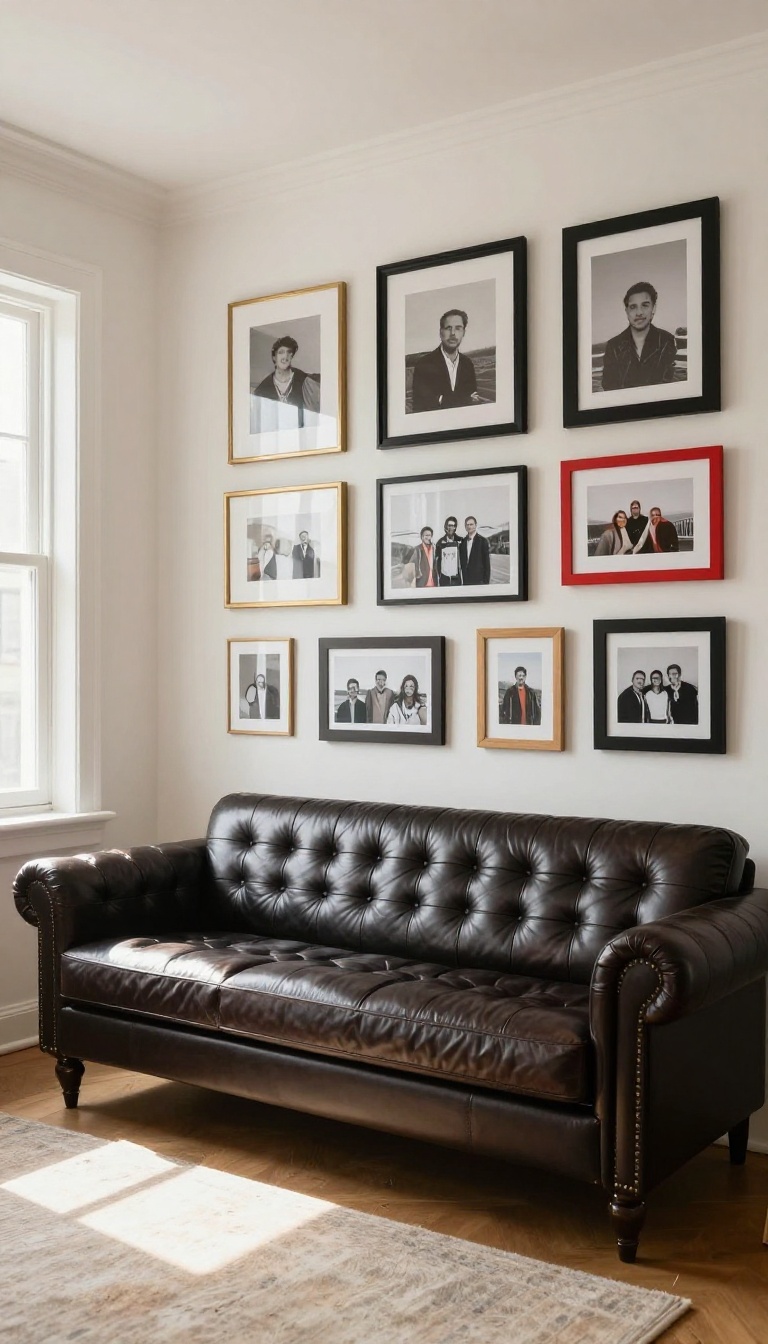 Chesterfield sofa with a layered gallery wall of mixed frames and personal photos behind it in a bright living room