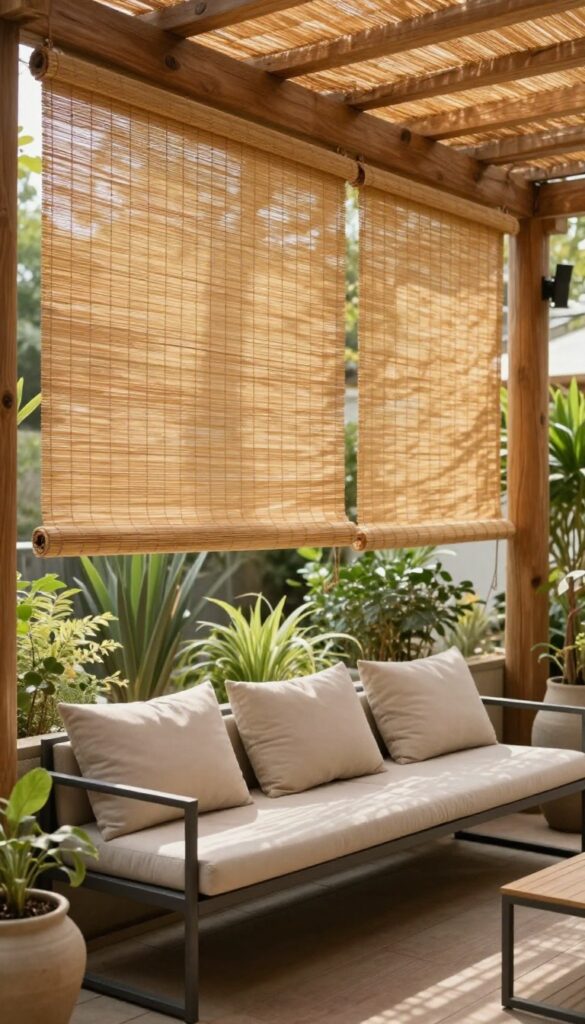 Outdoor patio with bamboo roll-up shades providing partial shade and privacy