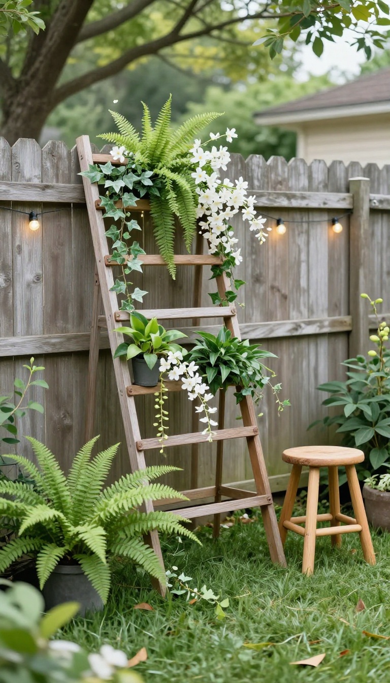 Lush greenery photo backdrop with a wooden trellis, layered plants, and string lights in a bright backyard party setting