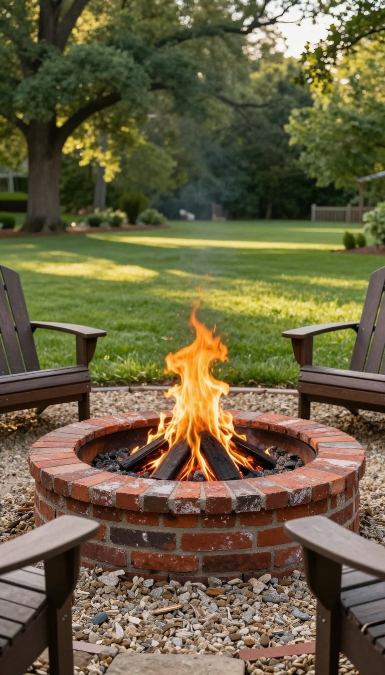 Circular rustic brick and mortar fire pit with gravel and flagstone surround in a sunny backyard