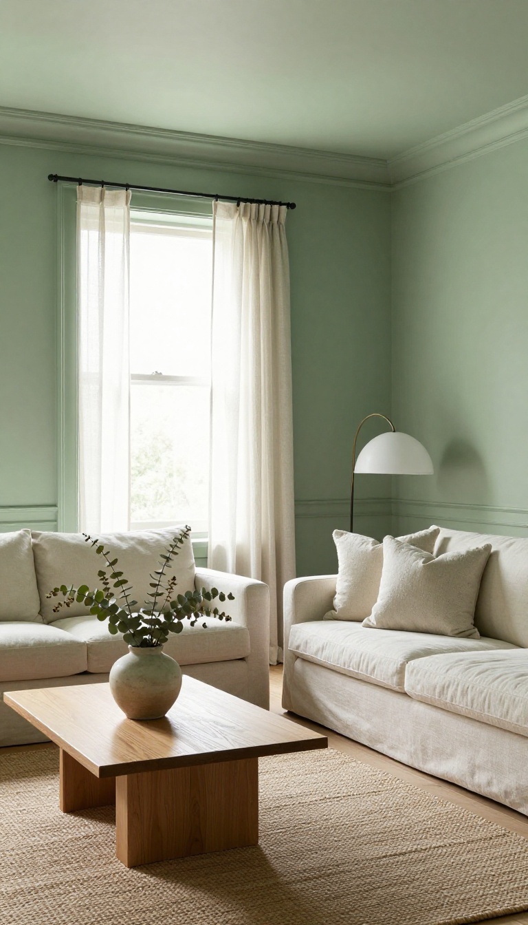 Living room color drenched in muted sage green with matching walls, ceiling, and trim, styled with a cream sofa, oak coffee table, and bright natural light