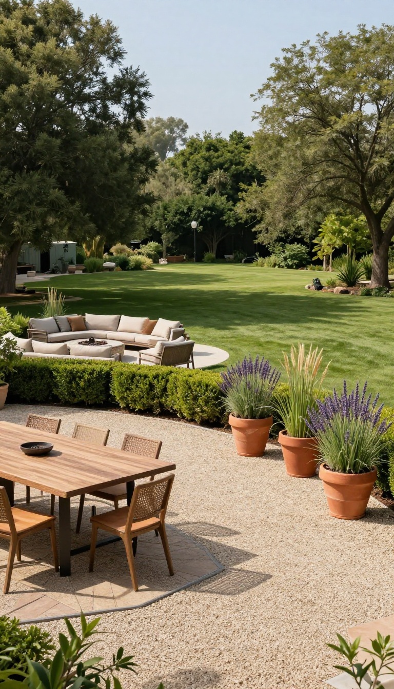 Large backyard with a low boxwood hedge and planters creating a smooth transition between a paver dining patio and a gravel lounging area.