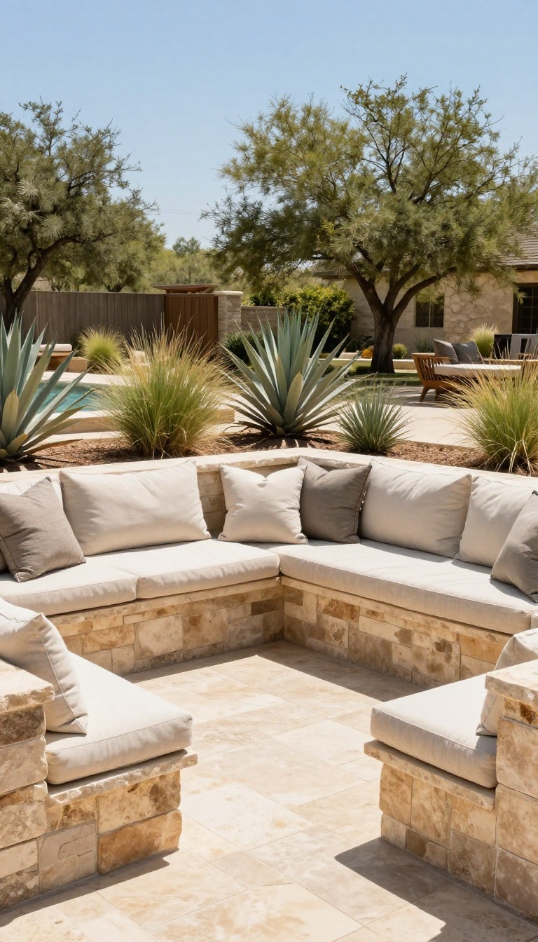 Sunken conversation pit with built-in stone bench seating and cushions in a sunny Texas backyard